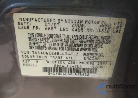 2008 Nissan Sentra 2.0S из США, поврежденный, VIN 3N1AB61E88L636212